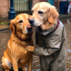 A portrait of  two adorable golden retriever dogs in the rain.  One dog, dog wearing a raincoat lovingly has his paw on the other.  