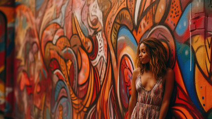 Model gracefully posed in front of a vibrant and expressive mural. Generative AI