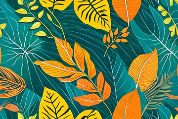 pattern with Tropical Leaves, Bring the jungle to your summer with a pattern of lush tropical leaves in shades of green, yellow, and orange
