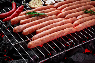 Raw sausages on a hot charcoal grill