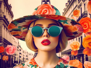 Obraz na płótnie Canvas Fashion woman wearing trendy sunglasses and in a textile hat. Retro style 60s style girl and in a hat, Paris, floral collage. Generative AI
