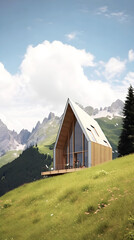 Obraz premium Modern wooden design house at Alps, generative ai.