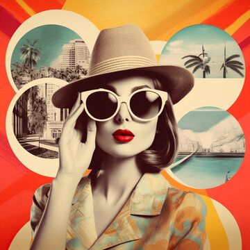 Fashion woman wearing trendy sunglasses. Retro style 60s style girl palm trees, hotel, summer. Generative AI