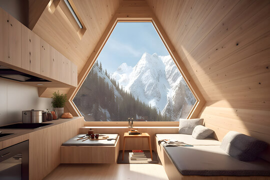 Modern design of tiny house interior with mountain landscape, generative ai.