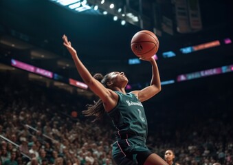 Portrait of a Young African Woman Basketball Athlete while playing basketball. Generative AI.
