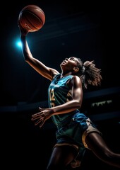 Portrait of a Young African Woman Basketball Athlete while playing basketball. Generative AI.