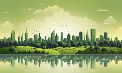 Zelfklevend Fotobehang Ecology concept with green eco city on nature background, generative AI © Enigma