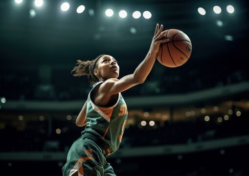Portrait of a Young African Woman Basketball Athlete while playing basketball. Generative AI.