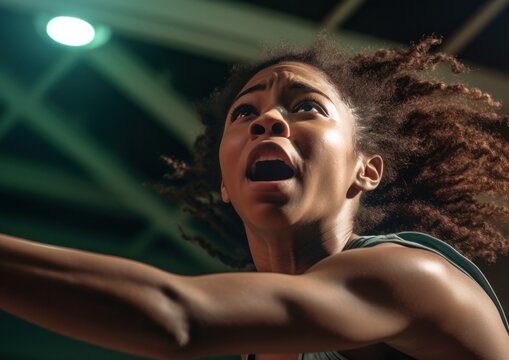 Portrait of a Young African Woman Basketball Athlete while playing basketball. Generative AI.