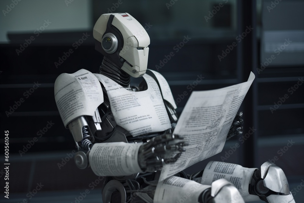 Poster technology document artificial laptop robot paper hand digital ai office. generative ai.