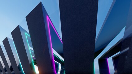 Futuristic architecture background geometric building glowing neon 3d render