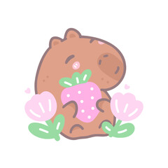 Vector capybara with tulips and strawberries. Childish illustration for t-shirt, cover, poster.
