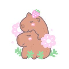 Fototapeta premium Vector illustration with capybaras and flowers in love. Childish illustration for t-shirt design, cover, poster.