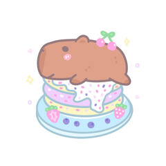 Vector illustration, capybara and cake with strawberries. Childish illustration for t-shirt design, cover, poster.