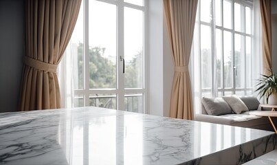 Empty white marble stone table top and blurred living room at home interior with window curtain background, generative AI
