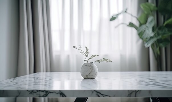 Empty white marble stone table top and blurred living room at home interior with window curtain background, generative AI