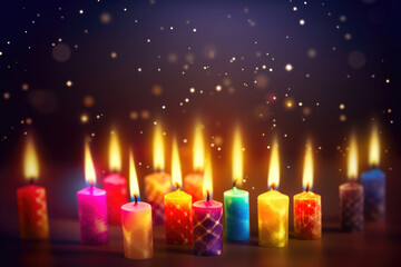 Hanukkah, the Jewish Festival of Lights, festive background with menorah and golden lights. Generative AI