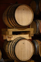 Production of fortified jerez, xeres, sherry wines in dark oak barrels in sherry triangle, Jerez la Frontera, El Puerto Santa Maria and Sanlucar Barrameda Andalusia, Spain