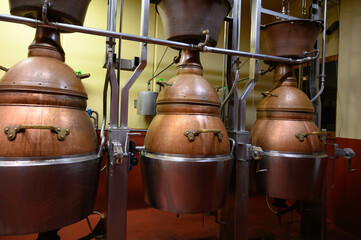 Gin distillation process in copper tanks in Spanish bodega
