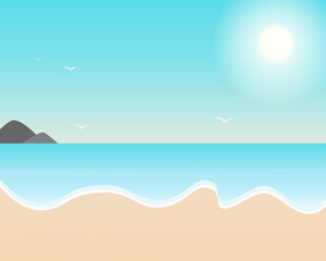 Fototapeta na wymiar Vector cartoon style background of sea shore. Good sunny day.Image of beach, sea and sun