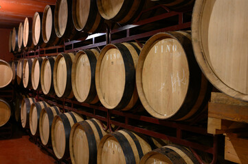 Production of fortified jerez, xeres, sherry wines in dark oak barrels in sherry triangle, Jerez la Frontera, El Puerto Santa Maria and Sanlucar Barrameda Andalusia, Spain