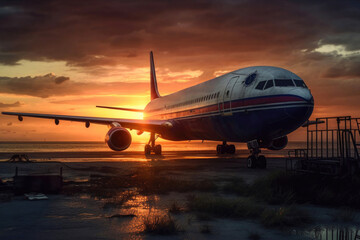 Fototapeta na wymiar Airplane at sunset. Generative AI