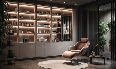 Modern and elegant interior design of professional beauty salon and spa with luxury styling chair, generative AI