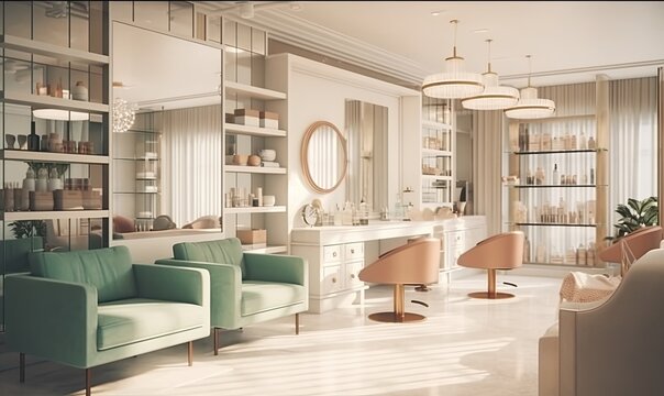 Modern and elegant interior design of professional beauty salon and spa with luxury styling chair, generative AI