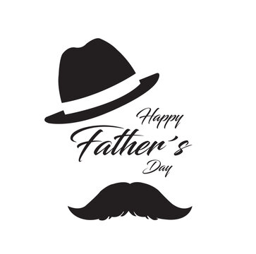 Cartel para el dia del padre con un corazón celeste con un bigote negro y un sombrero. Vector. 