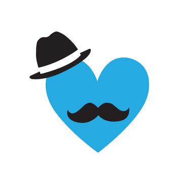 Un corazón celeste con un bigote negro y un sombrero. Vector. Concepto: Cartel para el dia del padre. 