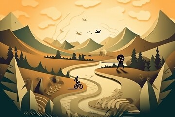 Travel. Trip. Adventure on mountains. Generative AI. Hiking, biking, climbing. Beach and mountains. Golden hour. Papercut style. 