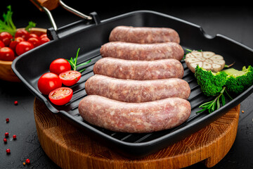 Raw homemade sausages with vegetables on a grill pan
