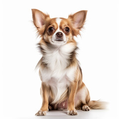 In this photo, a Chihuahua is standing in front of a white background, with a curious expression on its face. This breed is known for being the smallest dog in the world, with a distinctive apple-shap