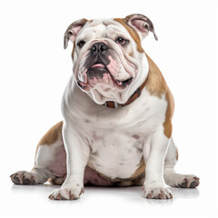 In this photo, a bulldog is standing in front of a white background. The studio setting allows the dog's features to stand out, including its distinctive wrinkly face, round eyes, and small ears. Its 