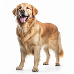 In this photo, a golden retriever is standing in front of a white background. The studio setting allows the dog's features to stand out, including its intelligent and friendly expression. Its loving a