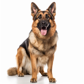 In this photo, a German Shepherd is standing in front of a white background. The studio setting allows the dog's features to stand out, including its pointed ears, alert eyes, and muscular build. Germ