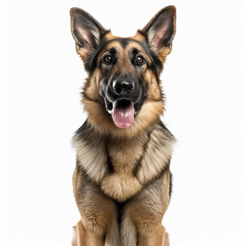 In this photo, a German Shepherd is standing in front of a white background. The studio setting allows the dog's features to stand out, including its pointed ears, alert eyes, and muscular build. Germ