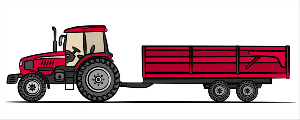 A hand drawn of a red tractor with agricultural trailer. Farm trailer abstract silhouette, side view. Modern farm tractor flat illustration. Vector EPS 10 © Art_freeman