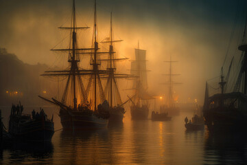Sailing ships in a crowded busy harbor at dusk. Generative AI