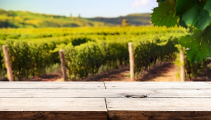 Empty wood table for product display in front of vineyard and blue sky, Generative AI