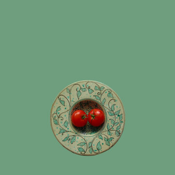 Still life of a pair of two tomatoes in an antique Italian earthenware bowl on a green background