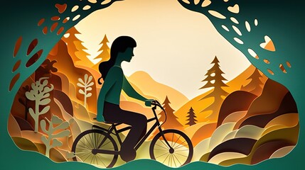 Travel. Trip. Adventure on mountains. Generative AI. Hiking, biking, climbing. Beach and mountains. Golden hour. Papercut style. 