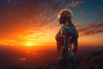 Robot standing at sunset. Generative AI