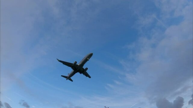 Commercial Jet Airplane Landing in airport runway. Jet plane approaching landing. 