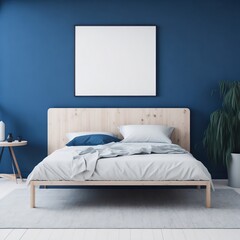 Blank wooden frame mockup on the wall and a centered bed in a trendy modern Scandinavian interior with blue tones.