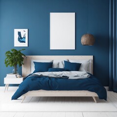 Blank wooden frame mockup on the wall and a centered bed in a trendy modern Scandinavian interior with blue tones.