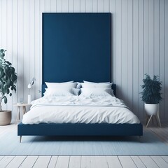 Blank wooden frame mockup on the wall and a centered bed in a trendy modern Scandinavian interior with blue color tones.