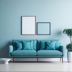 Blank wooden frame mockup on the wall and a centered bed in a trendy modern Scandinavian interior with cyan color tones.