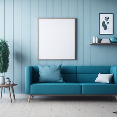 Blank wooden frame mockup on the wall and a centered bed in a trendy modern Scandinavian interior with cyan color tones.