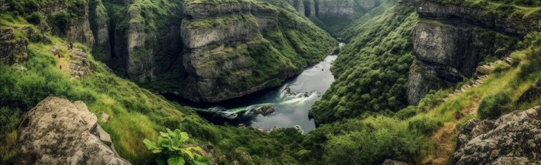 Fototapeta na wymiar A breathtaking gorge with lush greenery and a river . Horizontal banner. AI generated